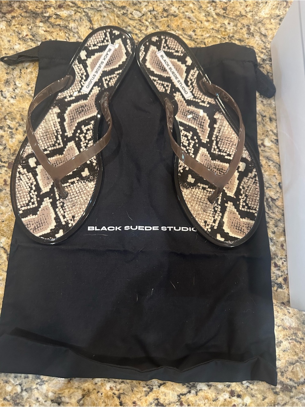 Black Suede Studio Women’s Brown Snake-Print Flip Flop Sandals
